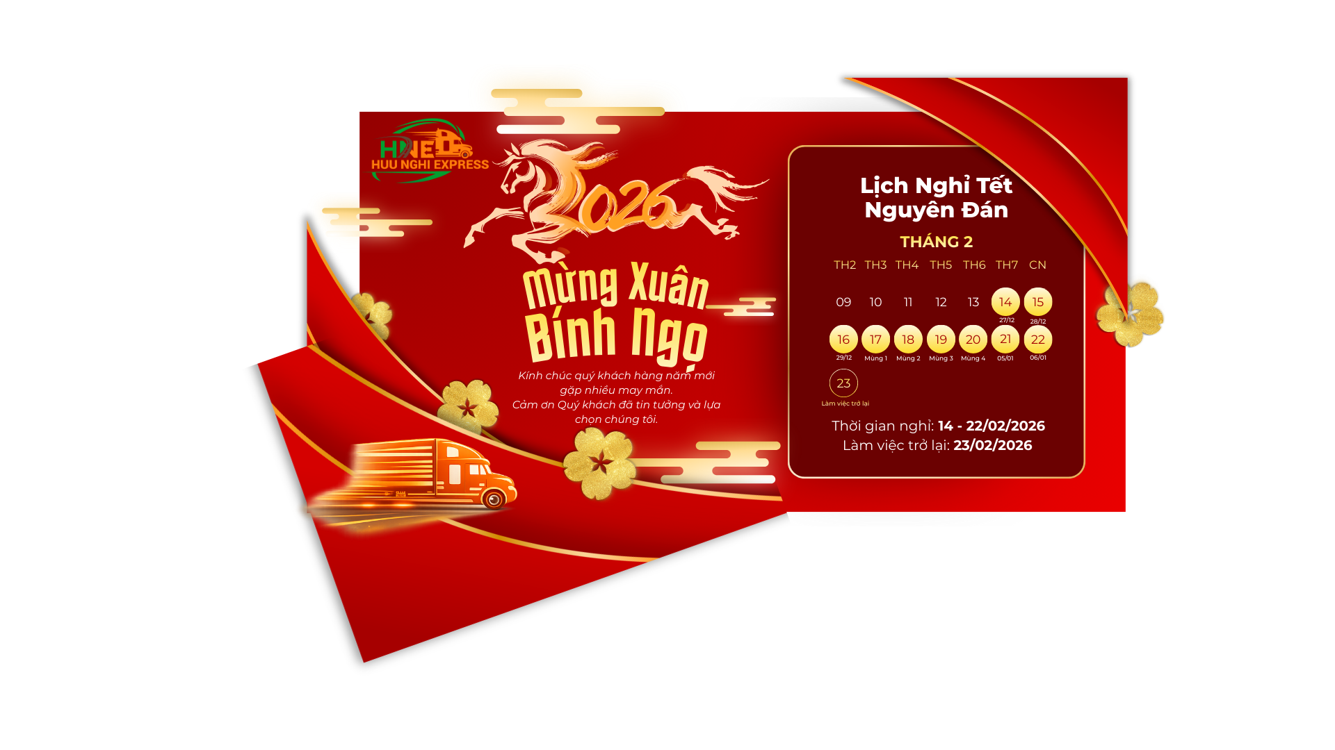 CÔNG TY CỔ PHẦN VẬN TẢI QUỐC TẾ HỮU NGHỊ EXPRESS THÔNG BÁO LỊCH NGHỈ TẾT BÍNH NGỌ